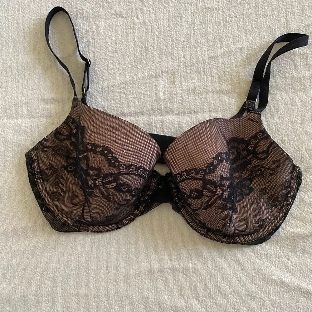 Victoria's Secret Lace Lined Demi Bra Underwire Size 34DD Nude Black